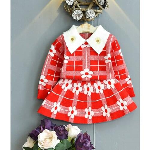 Fall Cute Winter Warm Kids Clothes Outfits Flower Embroidery Knit Sweater Top&skirt Fashion Korean Little Girls Clothing Set