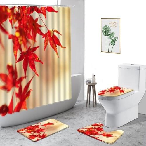 Red Maple Leaf Autumn Natural Landscape Shower Curtain Yellow Fallen Leaves Bathroom Curtains Set Anti-Slip Carpet Toilet Cover