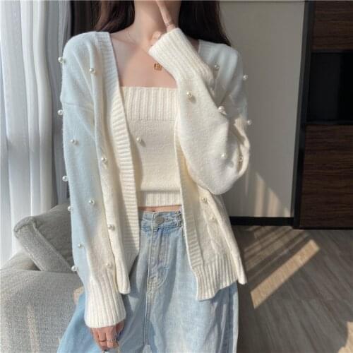 Spring Autumn Loose Pullovers Knitted Female Two Pieces Womens Clothing Japan Style Sweaters Beading Fashion Brand Ladies New