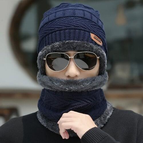 1 Set Men Warm Skullies Beanie + Soft Scarf Two-Piece Set Winter Thicken Hat Male Windproof Knitting Caps Neck Warmer
