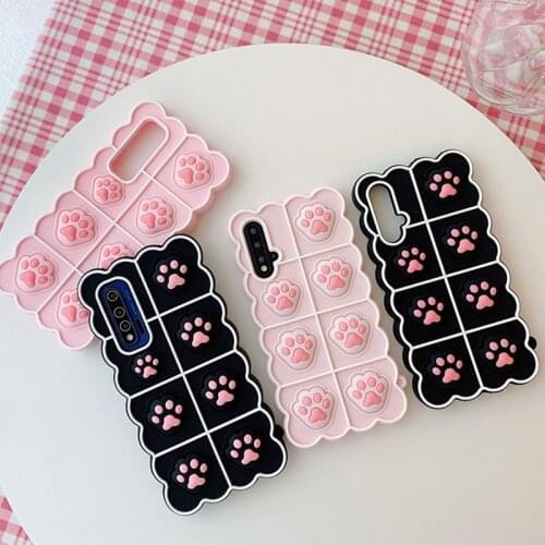 Reliver Stress Cute Cat Paw Fidget Push Bubble Silicon Case For Xiaomi Redmi K40 K30 Ultra Note10 9 Pro Samsung Galaxy S20 Cover