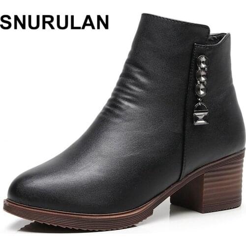 SNURULAN2018Women Fashion Boots Ladies leather thick round toe high heels ankle boots female autumn winter Plus velvet shoesE584