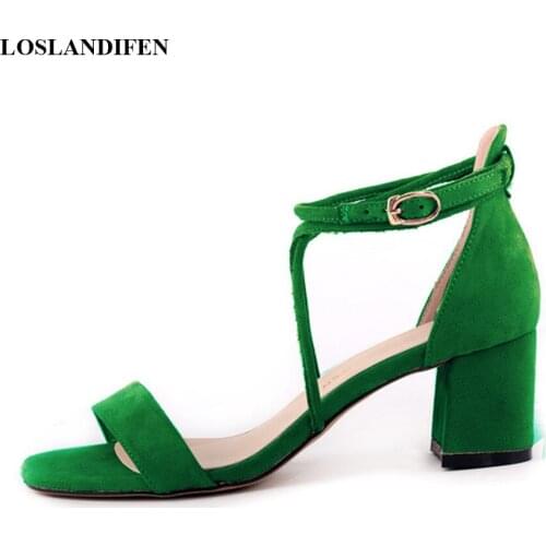 LOSLANDIFEN Shoes Women Open Toe Soft Flock Thick High Heels Sandals Summer Hollow Cross Buckle Fashion Ladies Office Shoe Dress