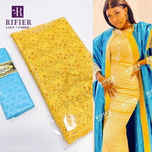 Yellow Embroidered Dry Lace And Sky Blue Bazin Riche Fabric For Ankara Women Traditional Celebration Top Class Swiss Voile Laces