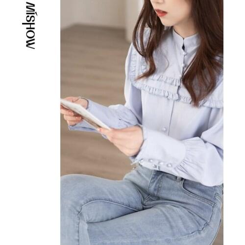 MISHOW 2021 Spring Women Shirts Vintage Solid Turtle Neck Single Breasted Ruffled Elegant Streetwear Female Tops MX21A4616