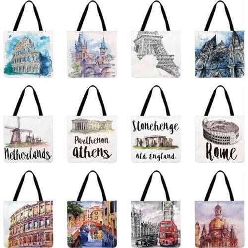 Women Shoulder Bag World Architecture Printied Tote Bag Linen Febric Casual Tote Foldable Shopping Bag Beach Bags
