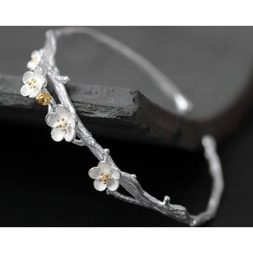 925 Sterling Silver Plum Flower Open Bracelets & Bangles for women Handmade Elegant Lady Chinese style jewelry Pulseira Feminina