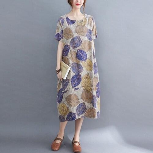 Women Summer Cotton Linen Casual Dress New 2021 Arts Style Vintage Ptint Loose Comfortable Female A-line Long Dresses B850