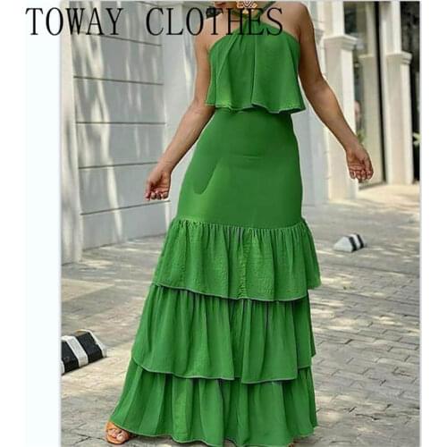 Women Halter Layered Ruffles Sleeveless Maxi Dress A Line Chic Elegant Long Dresses
