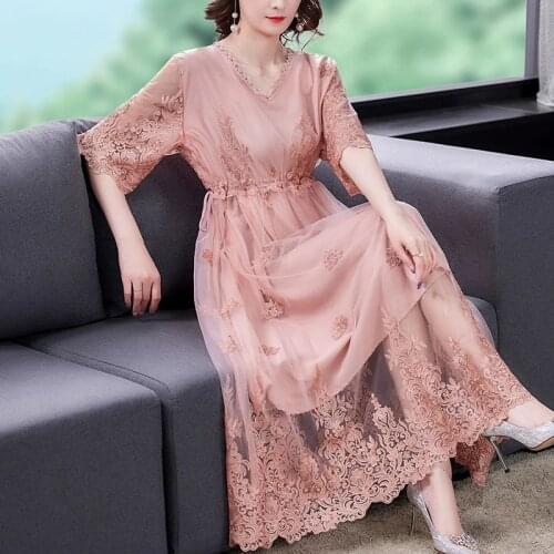 2021 Summer Women V Neck High Waisted Embroidery Long Purple Dress , Casual Womans Clothes 4xl 5xl Flower Dresses