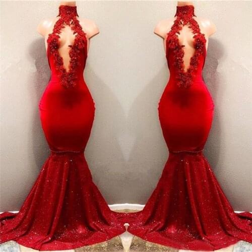 Red Prom Dresses Mermaid Halter Appliques Beaded Sequins Backless Sexy Long Prom Gown Evening Dresses Robe De Soiree