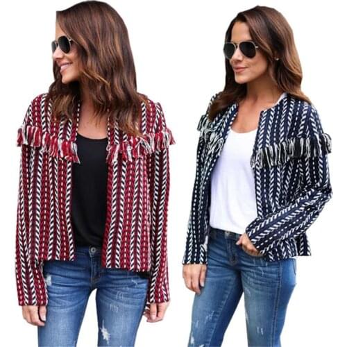 European and American womens spring and autumn short coat temperament jacquard straight fringed jacket