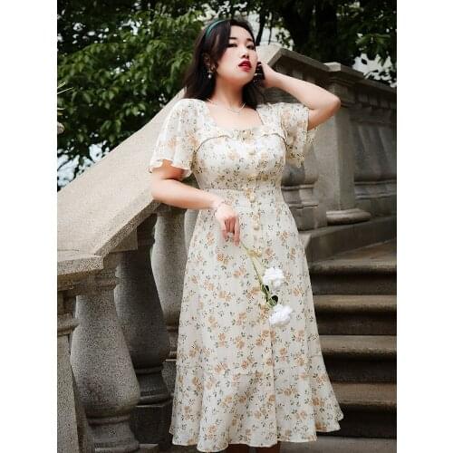 Summer New Arrival French Style Big Size Vintage Square Collar Floral Dress Loose Cool