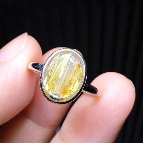 100% Natural Gold Rutilated Quartz Adjustable Ring Women Oval 925 Sterling Silver 12x8mm Wealthy Stone Ring AAAAAA
