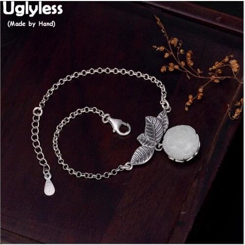 Uglyless Real Solid 925 Sterling Silver Nature Jade Lotus Bracelets for Women Handmade Thai Silver Leaf Bangle Ethnic Fine Jewel