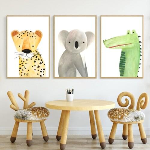 Kindergarten Wall Animal Koala Crocodile Leopard Hippo Background Oil Canvas Painting Wall Picture Poster Living Room Decoration
