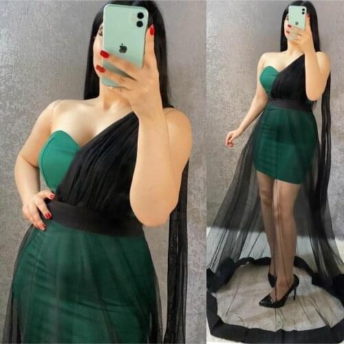 Elegant Long Black Muslim Tulle Evening Dresses One Shoulder Satin Abendkleid Formal Party Gown for Women