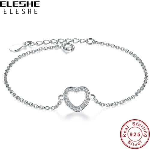 ELESHE Fashion 925 Sterling Silver Heart Charms Bracelet for Women Sparkling Crystal Link Chain Bracelets Original Jewelry