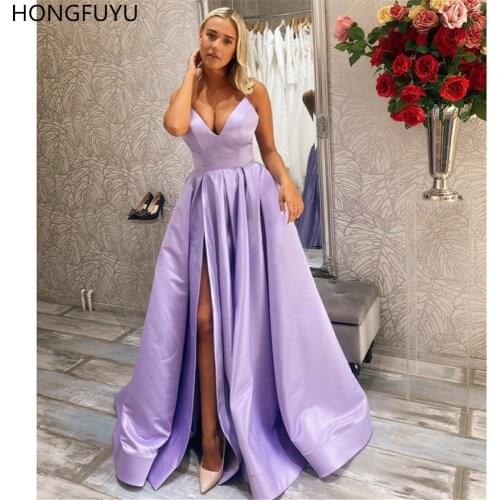 HONGFUYU Lilac Long Prom Dresses with Split Satin Evening Formal Dress коктейльные платья A Line Party Gowns Vestido De Festa