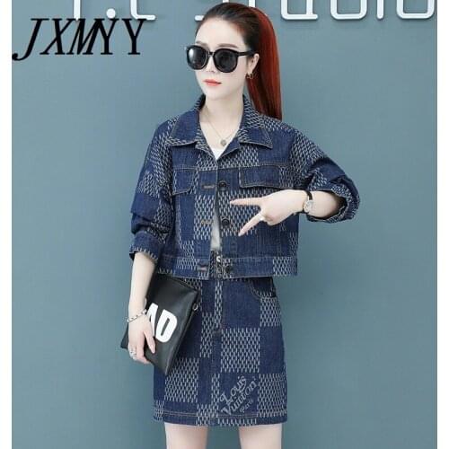 JXMYY Denim Suit Skirt Female 2021 Autumn New Fashion Temperament Western Style Long-Sleeved Denim Two-Piece Skirt