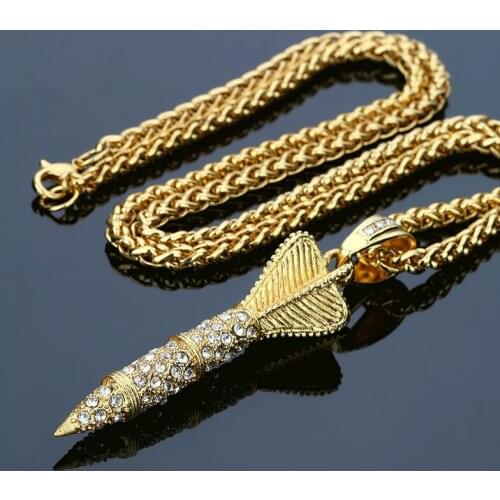 Cool Gold Darts Arrow Pendant Necklace Crystal Iced Out Bling Rhinestone Fashion Punk Rocket Pendants & Necklaces Men Jewelry