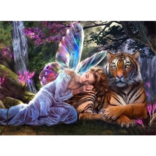 Fairy with Tiger Counted beauty Cross Stitch Kits Color DIY Handmade Needlework for Embroidery 14 ct Cross Stitch Sets Decor