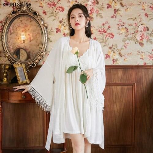 Women New Fashion Cotton Nightgown and Robe Sets Vintage Lace Nightdress Sexy Sleepwear Suits Princess Style White Nightwear