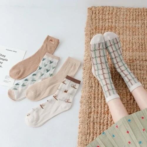 Summer Cartoon Womens Breathable Cotton Socks Cute Brown Thin Lace Socks Sweet Lolita Tube Socks Trend Printing Socks