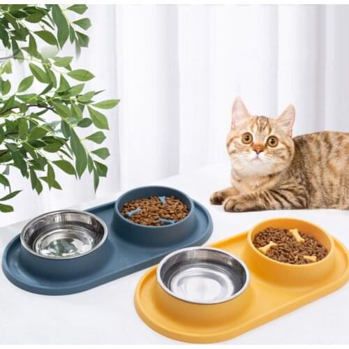 New Silicone Anti-choke Bowl Slow Food Pet Double Bowl Feeders Anti-ant Anti-overturning Slow Food Stainless Steel Dog Basin