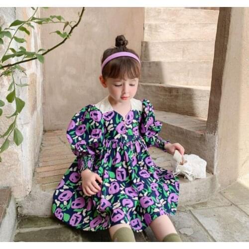 2021 Fall New Children Baby Printed Long Sleeve Dresses , Girls Princess Fashion Clothes 6 pieces/lot