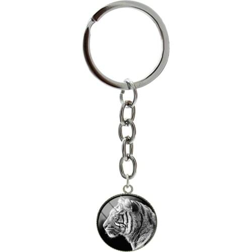 New Various Animals Black Keyholders With Chain Elephant Lion Bird Tiger Round Glass Dome Key Rings Vintage Jewelrys