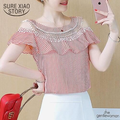 Summer new blusas mujer de moda 2019 Lace chiffon shirt short sleeve temperament wild cover belly slim stripe strapless 3574 50