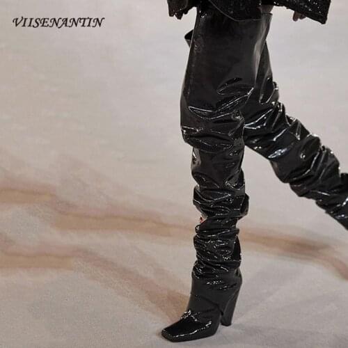 Catwalk Super Long Over The Knee Pleated Women Wedge Heel Square Toe Thigh Knight Boots Fashion Flock Patent Leather Shoes