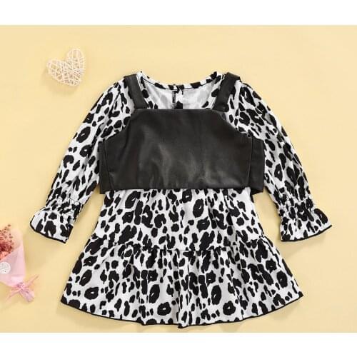 Little Girl’s Casual Dress and Camisole Fashion Printing Lantern Sleeve Dress with Leather Vest 1-4T