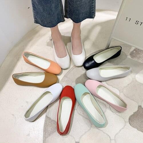 35-43 Large Size Womens Shoes Square Toe Flat Shoes Beef Tendon Shallow Peas Casual Work Shoes Soft Leather Maternity Shoes