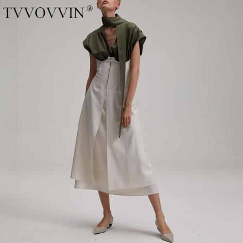 TVVOVVIN 2020 Summer New Fashion Two-piece Set Pleated Short Sleeve Bandage V-neck Top High Waist Solid Patchwork Skirt B344