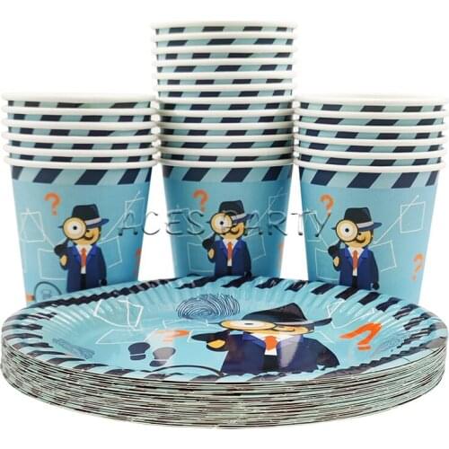 Party Supplies 96pcs Detective Secret Agent Party Kids Birthday Party Tableware 48pc Dessert Plates Dishes and 48pcs Cup Glass