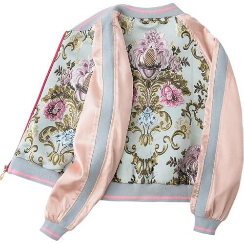 Spring sweet flower embroidery satin jacket coat women Casual baseball jackets female pink coat