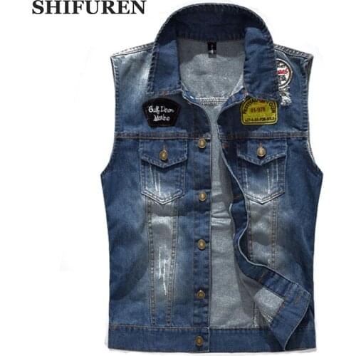 SHIFUREN Vintage Mens Denim Vests Ripped Cowboy Frayed Jeans Vests Fashion Patch Designs Waistcoat Sleeveless Jackets