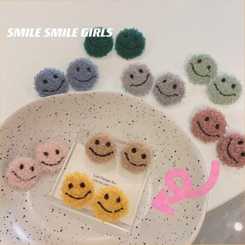 Retro Korean Smiling Face Earrings INS Style Color Furry Button Earrings Girl Geometric Round Candy Color Earrings Tide