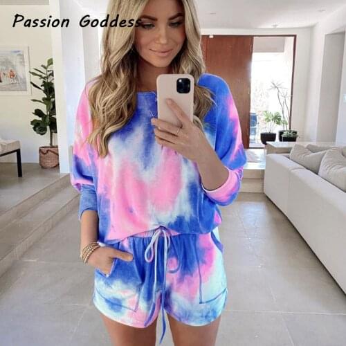 2 Piece Color Tie-dye Set Lounge Wear Batwing Sleeve Shirts Drawstring High Waist Shorts Jogger Casual Women Loose Two Piece Set