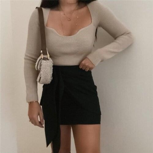 2021 Spring Autumn Elegant Women Slim Irregular Neck Sweater Women Casual Pure Color Knitted Pullover Fashion Slim Top New
