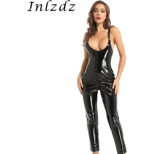 Womens Lingerie Latex Bodysuit Shiny Metallic Patent Leather Sleeveless Front Zippered Long Legging Leotard Bodysuit Clubwear