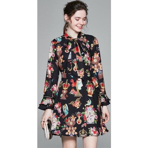 Women Ruffle Bow Tie Mini Dress Ladies Flare Sleeve Flower Vase Print Runway Angel Dress Vintage Long Sleeve Casual Party Dress