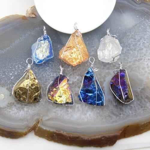 1pcs Titanium Rainbow Natural Rough Crystal Nugget Pendants,Raw Quartz Silvery Wire Wrapped DIY Jewelry Necklace Accessories