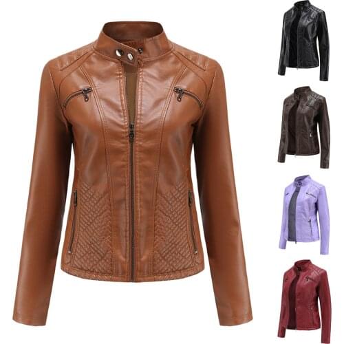 2021 Leather Jacket Women Zippers Spring Autumn Womens Solid Color PU Leather Jacket Mandarin Collar Motor Biker Coat Female