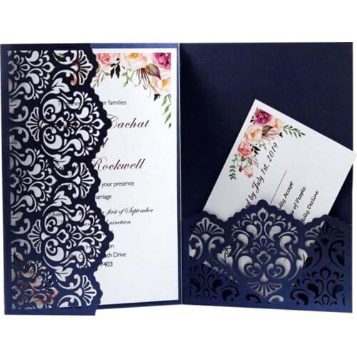 50pcs Blue Laser Cut Wedding Invitation Card Greeting Card DIY Print With RSVP Card For Birthday Business Party Wedding Decor