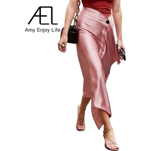 AEL Asymmetric Skirt Woman Retro Long Satin Skirt Fashion Wrap Hip 2019 Summer Femme Austere Midiskirt Elegant Slim High Waist