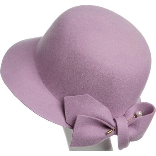 Wool Women Bowknot Fedora Wool Winter Autumn Wide Brim Pearl Female Fedora Pure colour Fedora caps Feminino Felt Bowler
