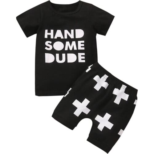 2021-04-16 Lioraitiin 0-4Years Toddler Boy 2 Pcs Outfits Letter Print Short Sleeve T-shirt Striped/Cross-shaped Pattern Shorts